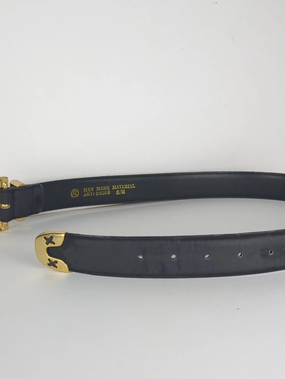 Women's Small Black & Gold Distressed Leather Stitched X Belt